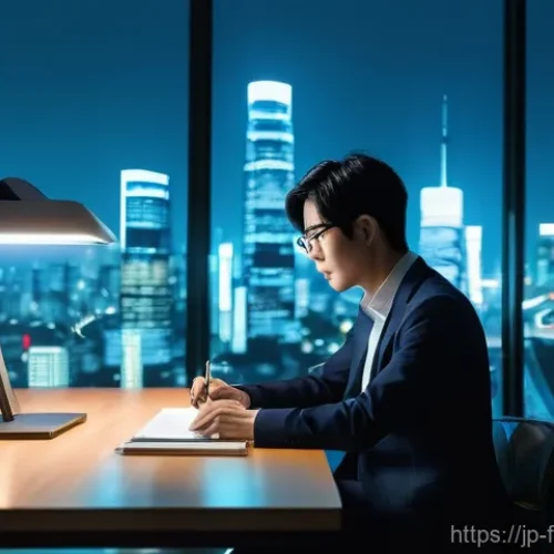 금융 빅데이터 활용 - **Prompt:** A young Japanese adult, appearing to be in their late 20s or early 30s, is seated comfor...