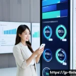 기술 기반 대출 서비스 - A modern Japanese financial office scene featuring a young professional woman using a sleek smartpho...