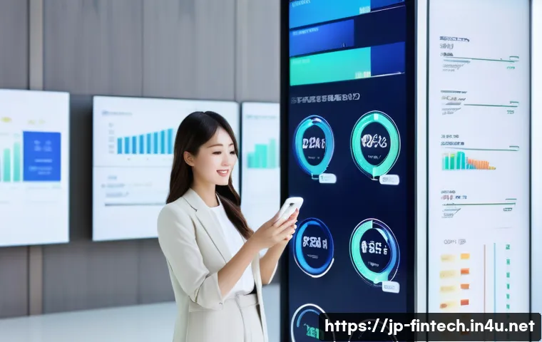 기술 기반 대출 서비스 - A modern Japanese financial office scene featuring a young professional woman using a sleek smartpho...