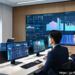 핀테크 분석 툴 개발 - A modern Japanese fintech office scene with diverse professionals analyzing AI-driven data visualiza...