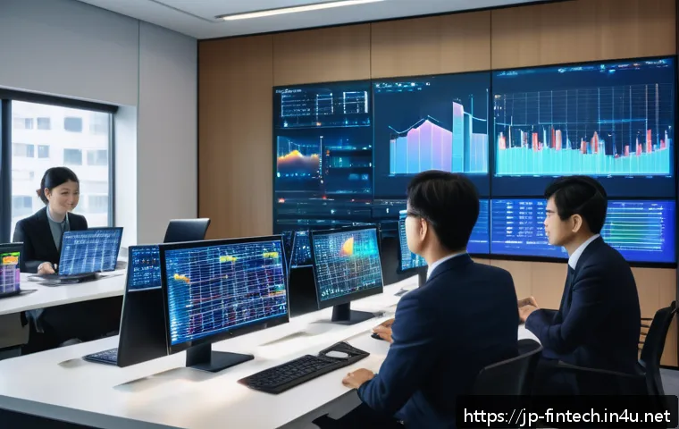 핀테크 분석 툴 개발 - A modern Japanese fintech office scene with diverse professionals analyzing AI-driven data visualiza...