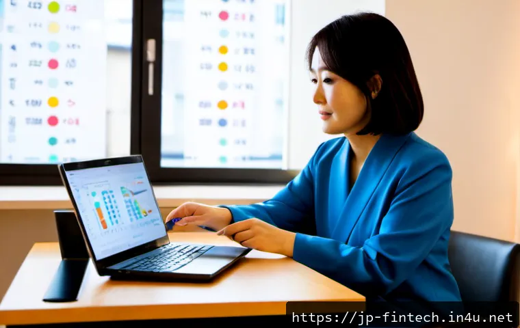 인공지능 기반 금융 상담 - Photorealistic scene of a Japanese middle-aged woman at a tidy home office desk, calmly reviewing he...