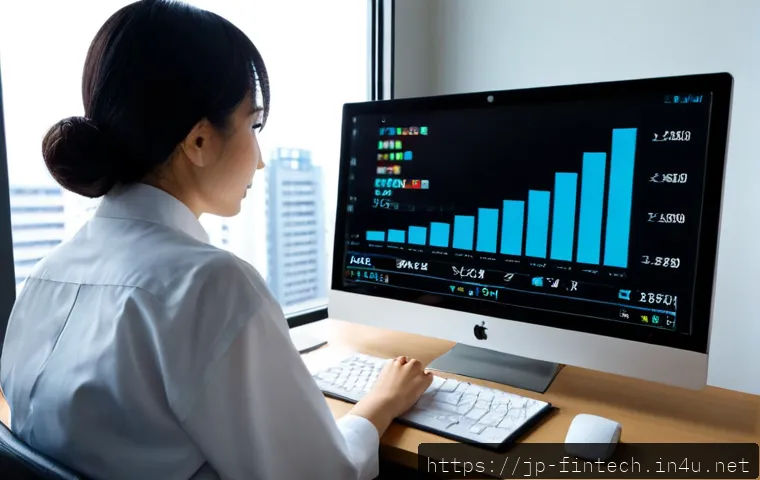 주식 투자 분석 도구 - Photorealistic over-the-shoulder view of a Japanese adult investor at a clean home office desk, stud...