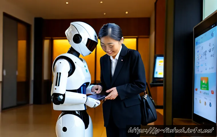 핀테크 로보틱 서비스 - Photorealistic Japanese bank consultation lounge, a friendly compact service robot with a smooth whi...